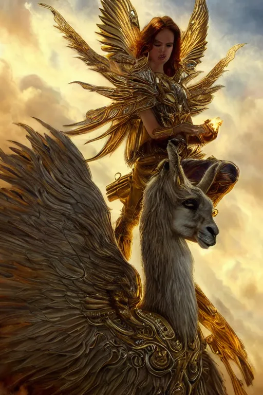 Prompt: A beautiful fierce llama angel with wings, wearing metal battle armor and a flaming sword, among heavenly sunlit clouds, close-up, intricate, elegant, digital painting, golden hour photo, cinematic, trending on artstation, concept art, smooth, sharp focus, illustration, art by artgerm and Greg Rutkowski and Alphonse Mucha