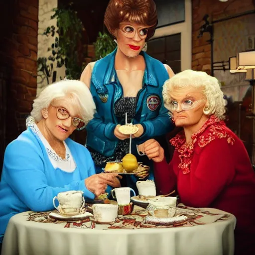 Image similar to john cena having tea with the golden girls, realistic photography, face detailed, high detailed