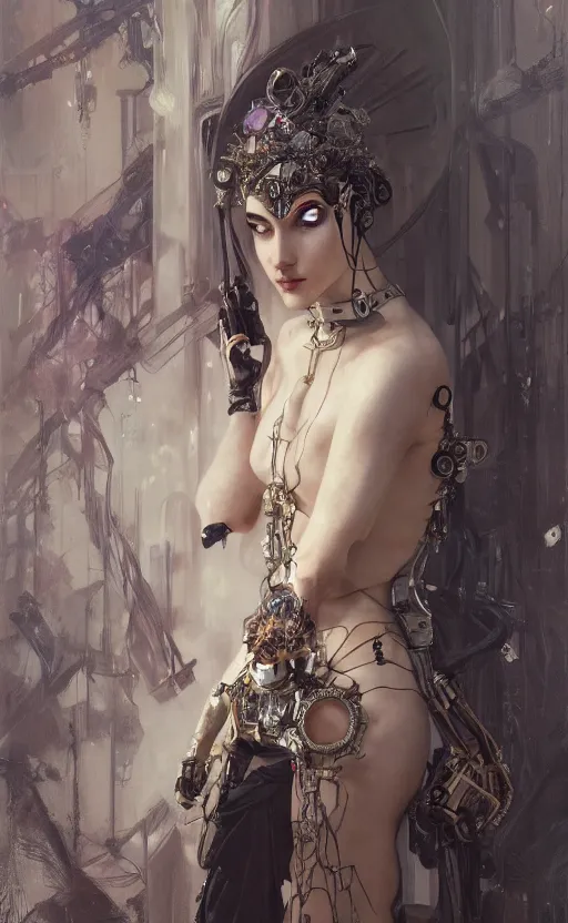 Image similar to a beautiful painting of a crowned robotic cyberpunk princess in a gothic dark flowing gown, intricate, elegant, highly detailed, digital painting, artstation, concept art, by krenz cushart and artem demura and william adolph bouguereau and alphonse mucha