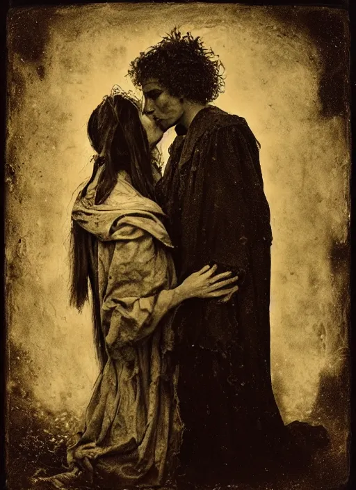 Image similar to old wetplate daguerreotype judas kiss of betrayal, fractal, intricate, elegant, highly detailed, parallax, leica, medium format, subsurface scattering, by jheronimus bosch and greg rutkowski and louis jacques mande daguerre