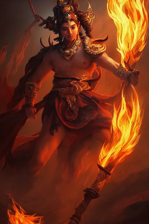 Image similar to a masterpiece portrait of nezha, legendary god holding spear, boy, flame everywhere, epic pose, fantasy character portrait, closeup shot, hyper detailed, digital painting, 8 k realistic, trending on artstation, sharp focus, dof, by fenghua zhong, artgerm, ne zha from smite, jeff easley, raymond swanland