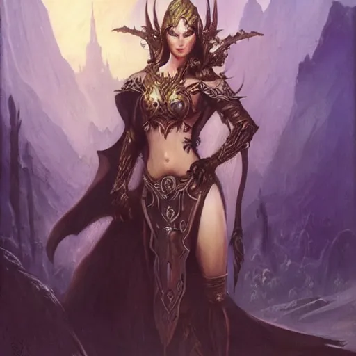 Image similar to elven queen character portrait by frank frazetta, fantasy, dungeons & dragons, sharp focus, beautiful, artstation contest winner, detailed