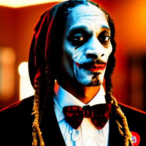 Image similar to a film still of Snoop Dogg starring as The Joker, 40mm lens, shallow depth of field, split lighting, cinematic