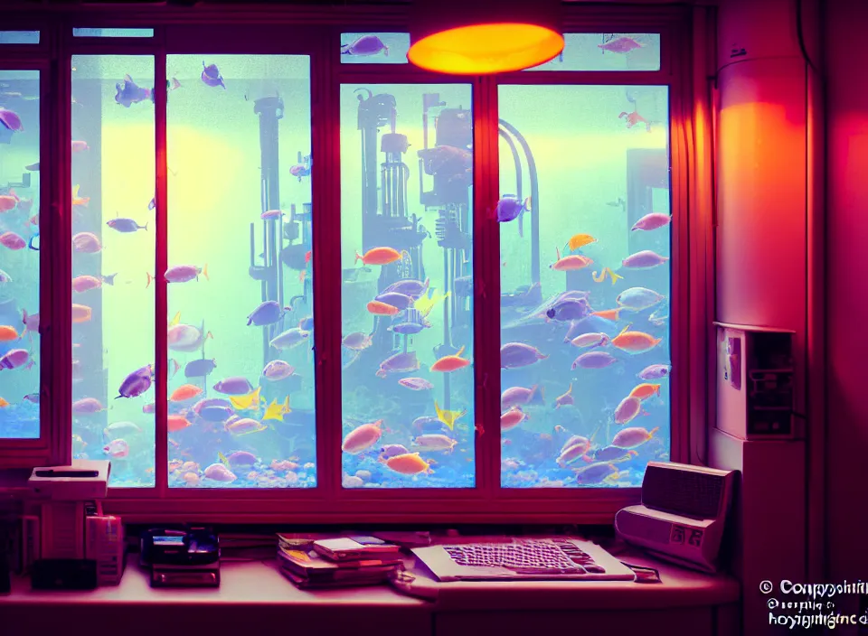 Image similar to telephoto 7 0 mm f / 2. 8 iso 2 0 0 photograph depicting the feeling of chrysalism in a cosy cluttered french sci - fi ( art nouveau ) cyberpunk apartment in a pastel dreamstate art cinema style. ( aquarium, computer screens, window ( city ), leds, lamp, ( ( ( aquarium bed ) ) ) ), ambient light.