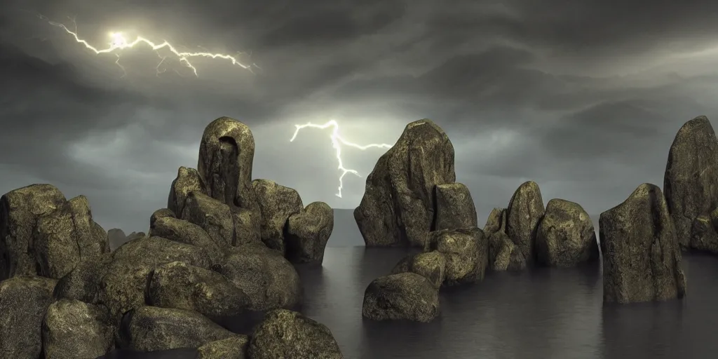 Image similar to Photorealistic strange dark monks perform a ritual. Magical symbols float above them. Epic landscape with magically floating rocks, with ominous storm clouds, strange levitating stones, stones falling from the sky, a gentle rising mist. occult photorealism, UHD, amazing depth, glowing, golden ratio, 3D octane cycle unreal engine 5, volumetric lighting, cinematic lighting, cgstation artstation concept art