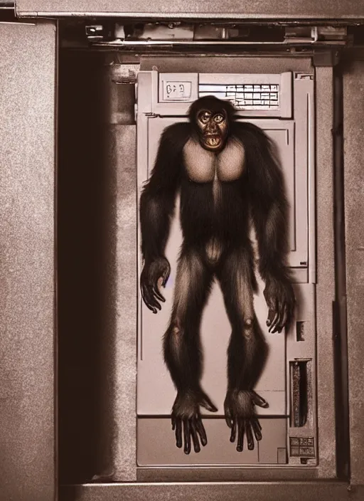 Image similar to scary half human half ape inside fuse box in post communist apartment building