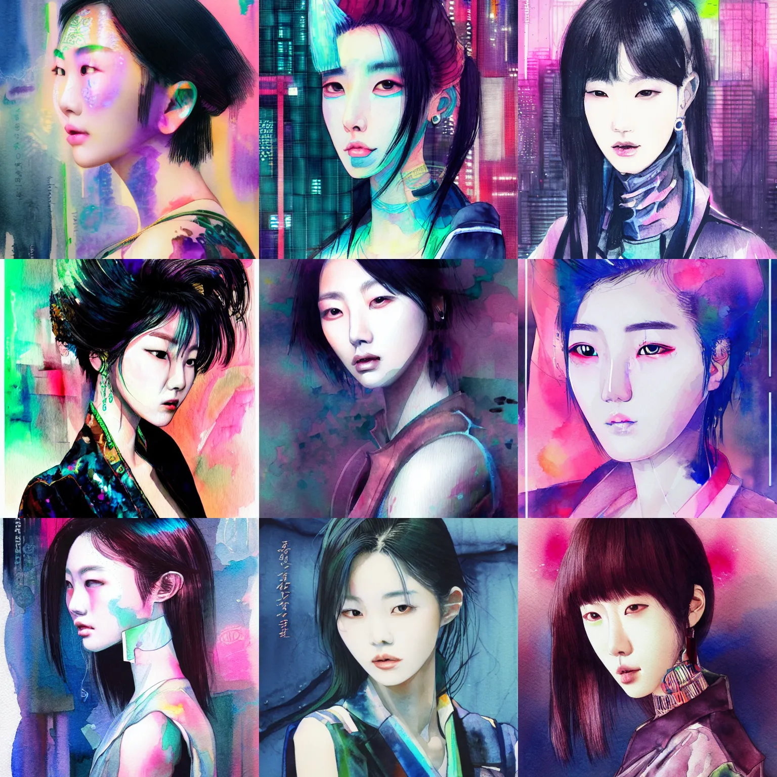 Prompt: korean women's fashion model, intricate watercolor cyberpunk vaporwave portrait by fiona staples