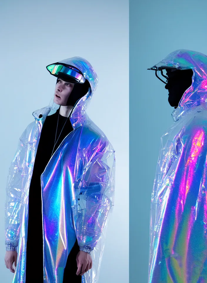 Image similar to an ultra high definition professional studio quality photograph of an artificially intelligent cyberpunk art influencer wearing a transparent iridescent pastel coloured visor and matching wavey raincoat on white coat hook in a sheer icelandic black rock environment. three point light. dramatic lighting. volumetric shadows. light rays