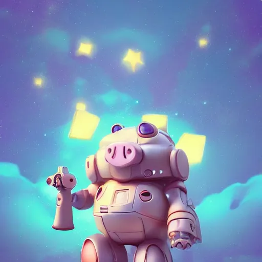 Prompt: 3D Fantasy Cute and adorable mecha piggy floating in space, bright stars, Smooth 3D Illustration, soft render, Servando Lupini, Daniil Kudriavtsev, handpaint texture, Blender, 3DCoat