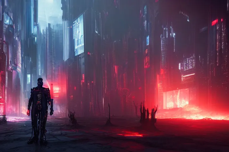 Image similar to cyberpunk landscape of hell with people suffering and ghost, futuristic look, highly detailed body, very powerful, photorealistic camera shot, bright studio setting, studio lighting, crisp quality and light reflections, unreal engine 5 quality render