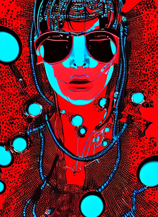 Prompt: extreme long shot, kodachrome, melting face, cyberpunk 2 0 y. o model girl, black reflect robe, wrapped in wires and piones, clear blue sky vintage style, looking straight ahead, in the style of yayoi kusama, lineart, artstation