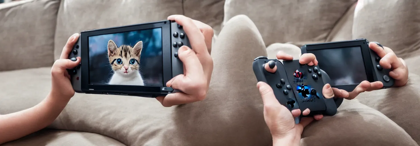 Prompt: a cute kitten playing a video game on an nintendo switch while sitting on the couch