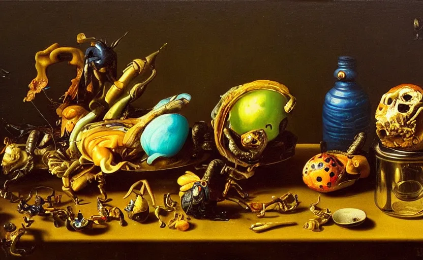 Image similar to disturbing colorful oil painting dutch golden age vanitas still life with bizarre objects strange gooey surfaces shiny metal bizarre insects rachel ruysch dali todd schorr very detailed perfect composition rule of thirds masterpiece canon 5 0 mm, cinematic lighting, photography, retro, film, kodachrome