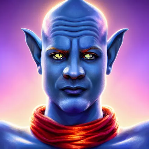 Image similar to all powerful genie, a god, god, ecstatic, infinite power, manic, perfect eyes, full body shot, magical being, magic, portrait, noble, transformation, vivid colors, elegant, concept art, sharp focus, digital art, Hyper-realistic, 4K, Unreal Engine, Highly Detailed, HD, Dramatic Lighting by Brom, trending on Artstation