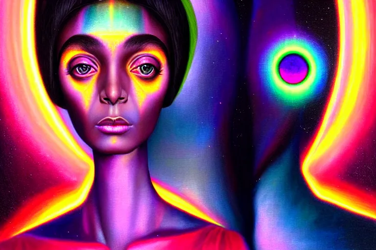 Image similar to patron saint of 🛸🌈👩🏾, futuristic iridescent clothing, wormhole, nebula, black hole, multiverse, neon god of city character portrait, in the style of margaret keane, moebius, tom bagshaw, and waterhouse, cinematic lighting, beautiful, elegant, oil painting,