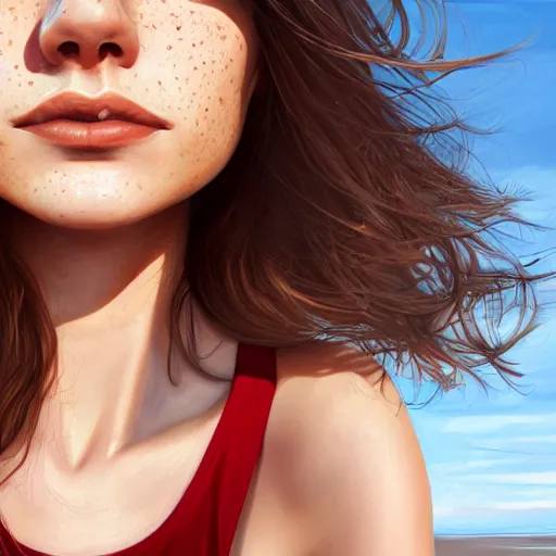 Image similar to portrait of a cute thin young woman, bronze brown hair, eye color is emerald green, red blush, cute freckles, smug smile, modern clothes, relaxing on the beach, golden hour, close up shot, 8 k, art by irakli nadar, hyperrealism, hyperdetailed, ultra realistic