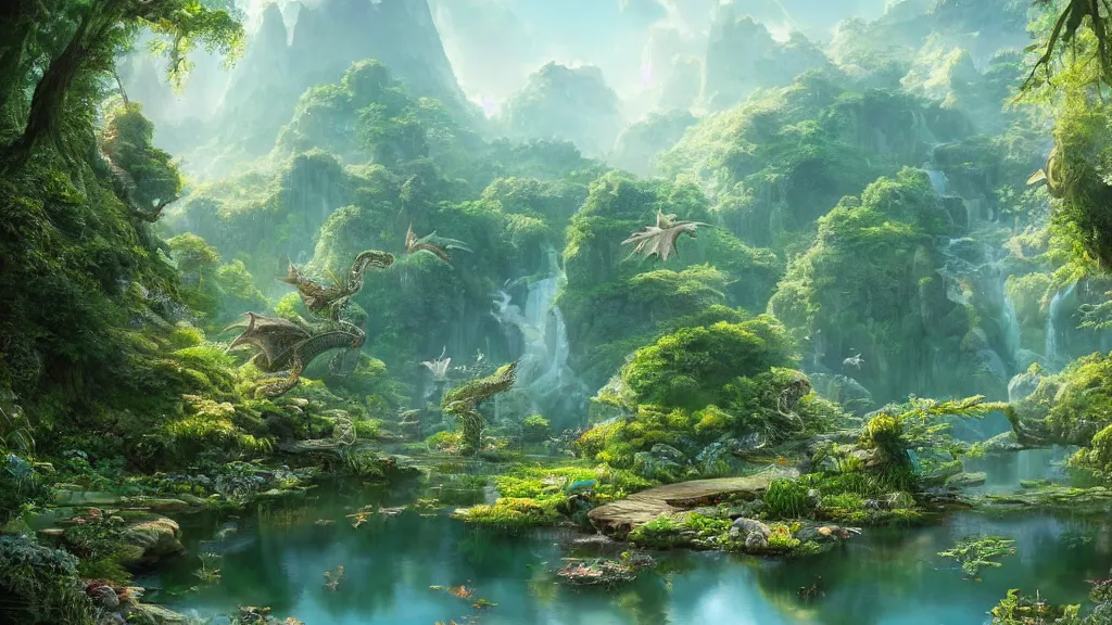 Prompt: a ultradetailed beautiful matte painting of a peaceful pond with a clear water where a majestuous dragon with intricate green scale is peacefully sleeping, dynamic lighting, cinematic lighting, lit by morning light, by krenz cushart and artgerm, unreal engine, featured on artstation