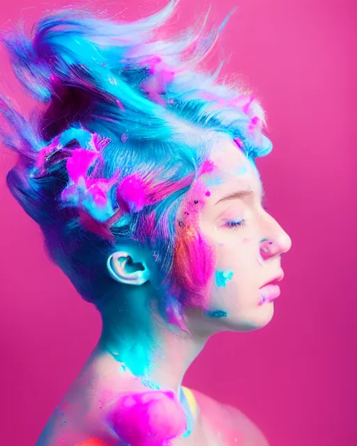 Image similar to a dramatic backlight lighting photo of a beautiful young woman with cotton candy hair. paint splashes. with a little bit of cyan and pink