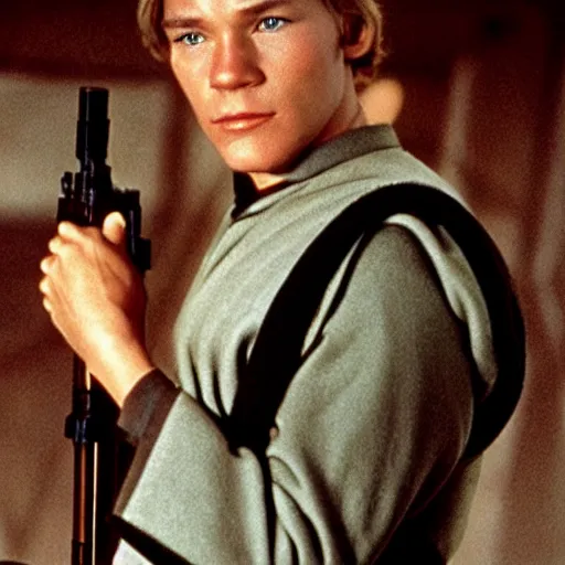 Image similar to young patrick stewart with wavy blond hair as luke skywalker on tatooine