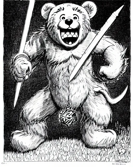 Image similar to a care bear as a d & d monster, on square background, pen - and - ink illustration, etching, by russ nicholson, david a trampier, larry elmore, 1 9 8 1, hq scan, intricate details, high contrast