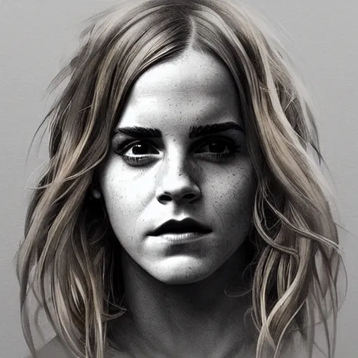 Image similar to Very funny Emma Watson looking like an old monkey, colorful painting on grey scale face, powerful , magic, thunders, dramatic lighting, intricate, wild, highly detailed, digital painting, artstation, concept art, smooth, sharp focus, illustration, art by artgerm and greg rutkowski and alphonse mucha, footage