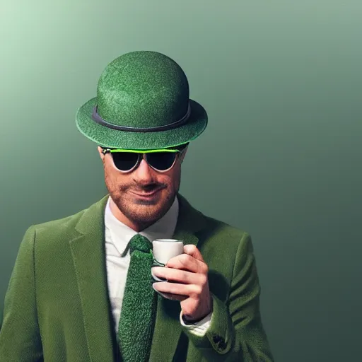 Prompt: man in green suit, with green hat, drinking tea, Wearing Shades, foggy background, highly detailed, octane render