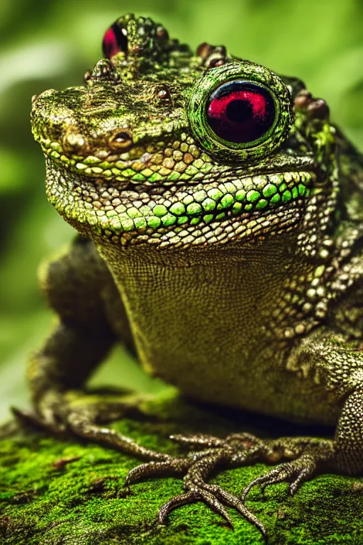 Prompt: a macro portrait photo of a gentleman lizard wearing a monocle and a top hat lounging on a moss covered rock, shiny scales, moss and vegetation, ancient forest, close - up, intricate details, intricately detailed textures, warm lighting, vivid colors, smoke and mist, hyper realistic octane render, volumetric shading, depth of field, raytracing, 8 k,