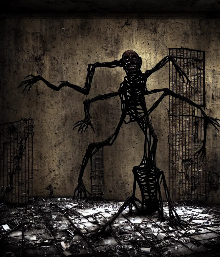 Prompt: Creepy huge suffering humanoid with long limbs sits on the floor and looks at the little old TV. An underground very dark gloomy multi-layered structure of rusty thick iron grates, dense chain-link fencing and peeling walls. Inside view, collapsed floors, bent rusted iron, masterpiece, black background, corners, cinematic, hyperdetailed, photorealistic, hyperrealism, octane render, 8k, depth of field, bokeh, architecture, shadows, art by Zdzisław Beksiński, Dariusz Zawadzki