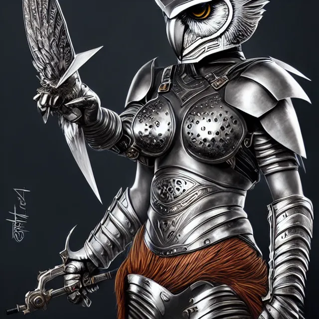 Image similar to warrior with metal owl armour, highly detailed, 4 k, hdr, smooth, sharp focus, high resolution, award - winning photo, artgerm, photorealistic