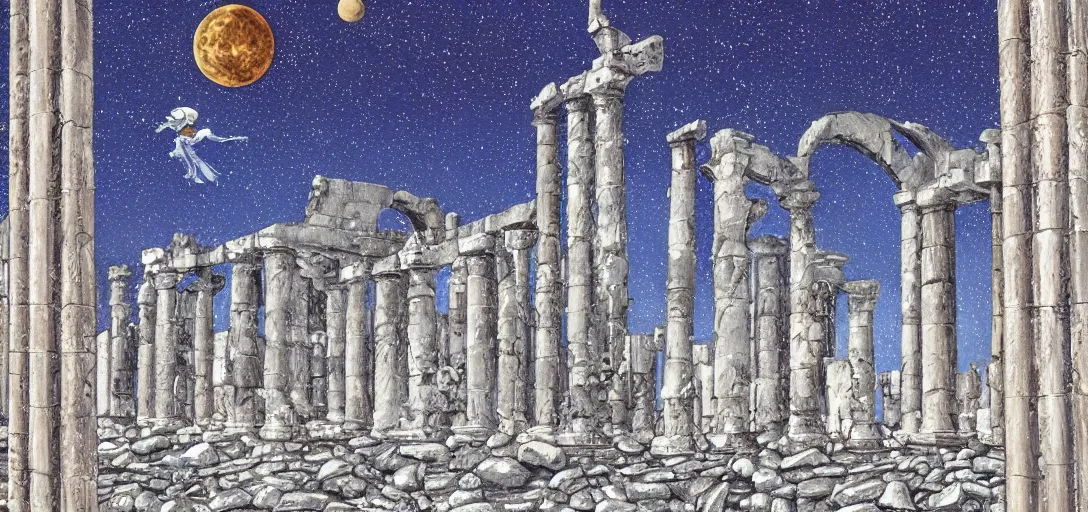 Image similar to The ruins of the Silver Millennium on the moon from Sailor Moon, digital painting, Earth in the distance, Greek-esque columns and ruins