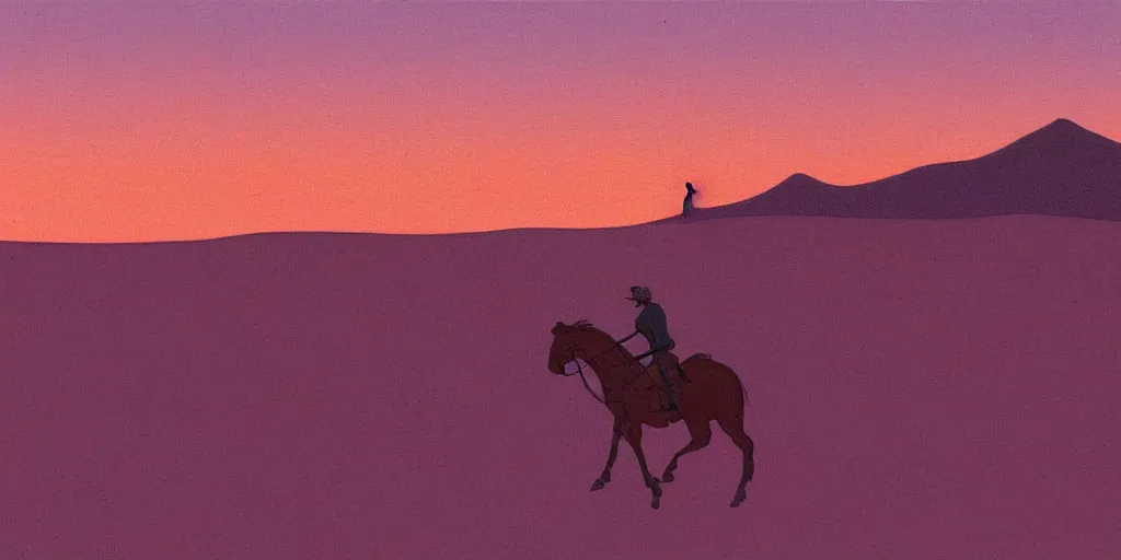 Image similar to i, cityscape view of a man riding a horse in a blue desert, pink sky, by Moebius