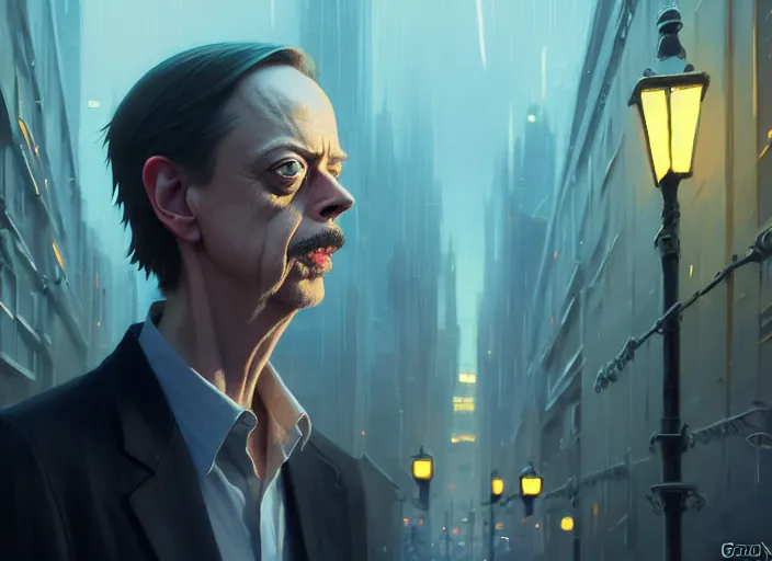 Image similar to a film still portrait of steve buscemi wizard, finely detailed features, closeup of face, cinematic lighting, perfect art, night cyberpunk city, intricate, anime, gapmoe grimdark, artstation, trending on pixiv fanbox, painted by greg rutkowski makoto shinkai takashi takeuchi studio ghibli, akihiko yoshida, 4 k