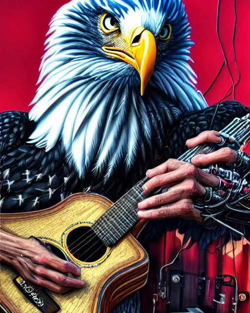 Image similar to a portrait of an anthropomorphic cyberpunk bald eagle screeching while strumming an acoustic guitar by sandra chevrier, by jon foster, detailed render, tape deck, epic composition, cybernetics, 4 k realistic, cryengine, realistic shaded lighting, sharp focus, masterpiece, by enki bilal