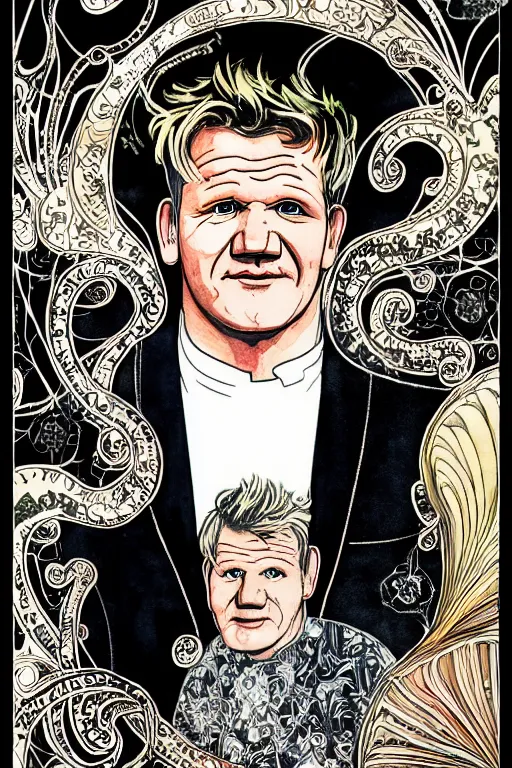 Prompt: realistic portrait of gordon ramsay in the center of an ornate black floral and black wings frame, detailed art by kay nielsen and walter crane, illustration style, watercolor