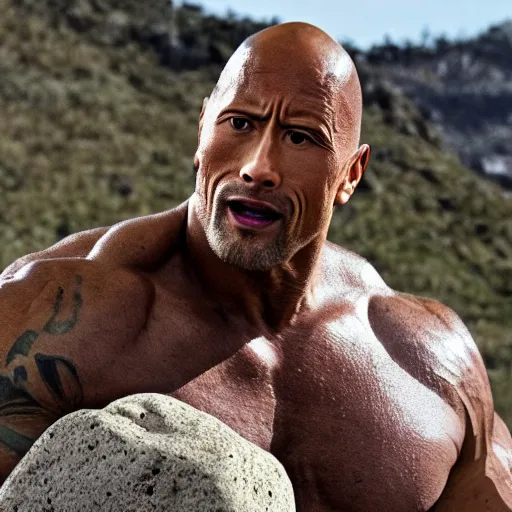 Image similar to dwayne johnson emerging from a pile of rocks. photograph.