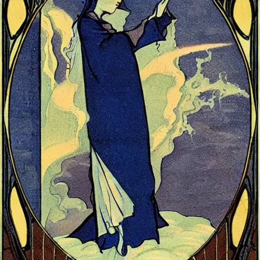 Image similar to a cloaked mage casting a magic spell from her hand toward an ice castle, art nouveau