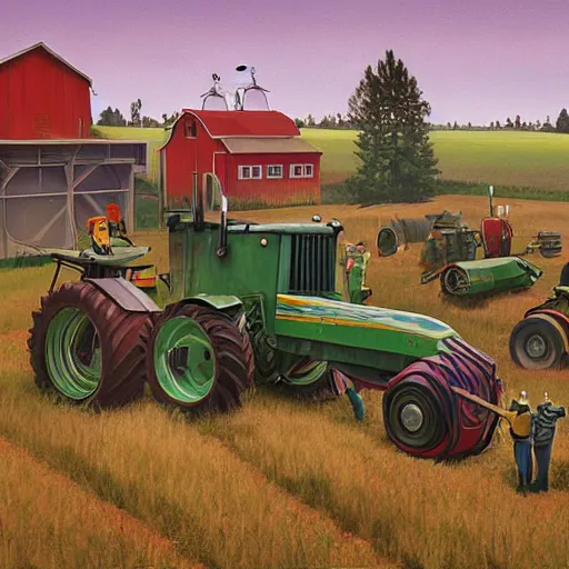 Prompt: farm tractors revolution, machine revolution, art by simon stalenhag