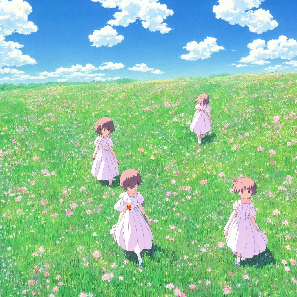 Image similar to little girl in princess dress, walking through a field of flowers, puffy clouds, beautiful, summer, calm, studio ghibli, art by hayao miyazaki, makoto shinkai