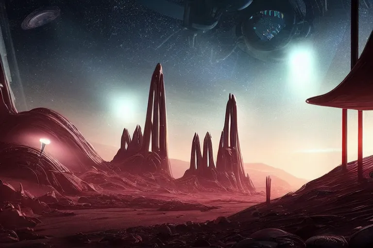 Image similar to an alien outpost with tall detailed structures with lights in the night sky on an alien planet, incredible detail, anamorphic, cinematic lens flare, ultrarealistic!!!