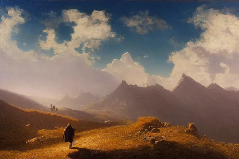 Prompt: a traveler wandering trough the mountains looking at the clouds, hyperdetailed, focused, oil painting, cinematic lighting, albert bierstadt, trending on artstation, colorful, canvas, sunset, centered, hans dahl, theodor kittelsen, hermann hendrich, national geographic, Konstantin Yakovlevich Kryzhitsky, beautiful nature, breathtaking, nordic, white shirt, blonde hair