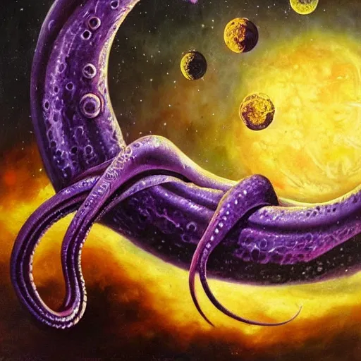 Prompt: many purple tentacles with eyes bursting out of an exploding moon, high fantasy, oil painting, extremely detailed