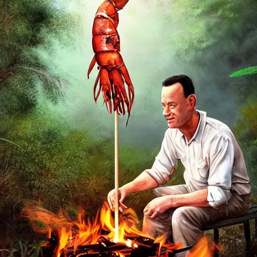 Image similar to tom hanks as forrest gump holding a giant shrimp skewer over a campfire in the jungle, realistic digital painting, in the style of Aleksi Briclot, photoreailstic, realistic face, amazing detail, sharp