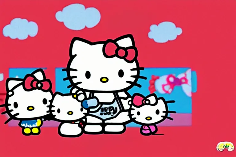 Prompt: animated cartoon film of hello kitty at the gym, big muscles hello kitty by sanrio