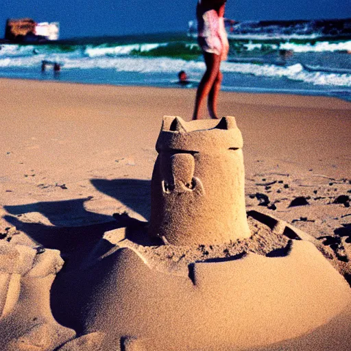 Image similar to photo of cat making a sand castle on the beach, cinestill, 8 0 0 t, 3 5 mm, full - hd