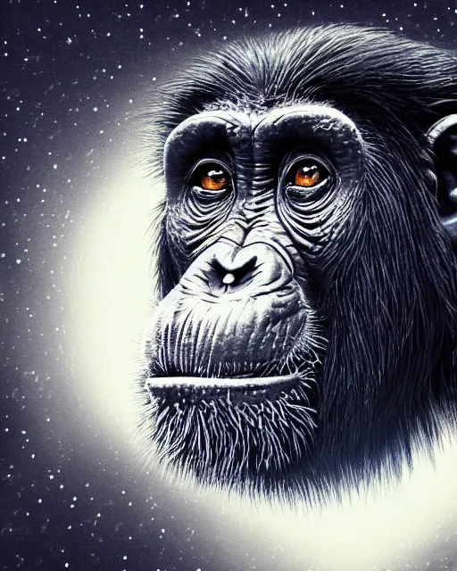 Image similar to very detailed high resolution illustration of a mystical chimpanzee, backlit, stars, 3 d, 8 k, extremely detailed, artstation, award winning