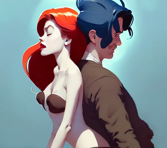 Image similar to portrait of eric kissing ariel by atey ghailan, by greg rutkowski, by greg tocchini, by james gilleard, by joe fenton, by kaethe butcher, dynamic lighting, gradient light blue, brown, blonde cream and white color scheme, grunge aesthetic