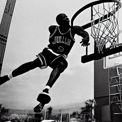 Image similar to michael jordan dunking a basketball on godzilla