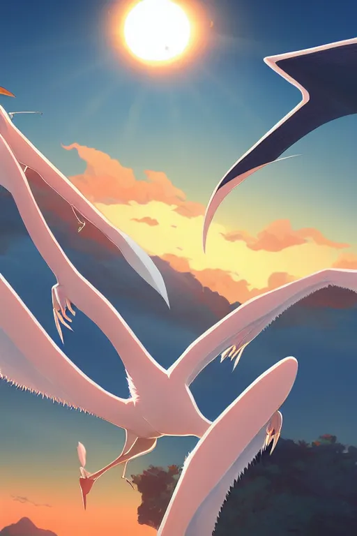 Prompt: a large smooth skinned white creature hybrid pterosaur, small quills along it's back, long fangs, sitting on a cliff high in the sky, sunset, backlit, beautiful composition, by makoto shinkai an krenz cushart