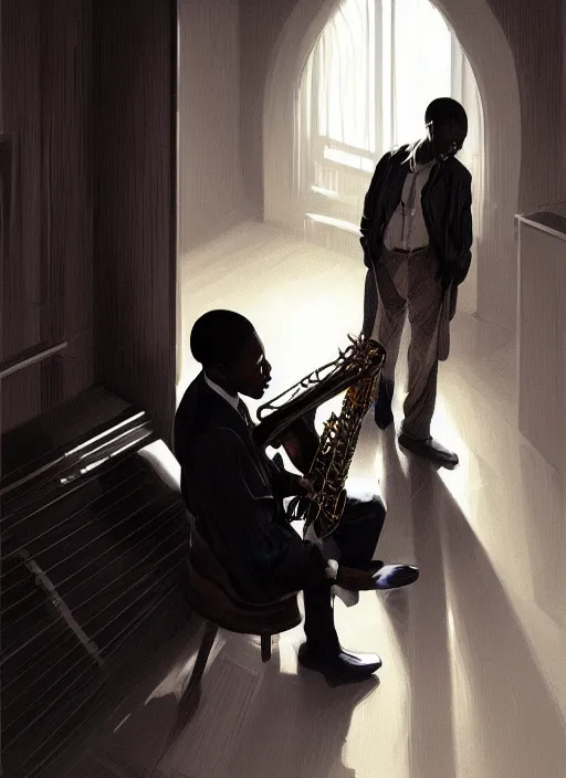 Image similar to john coltrane meeting mingus in a dark corner, intricate, elegant, highly detailed, digital painting, artstation, concept art, smooth, sharp focus, illustration, art by wlop, mars ravelo and greg rutkowski