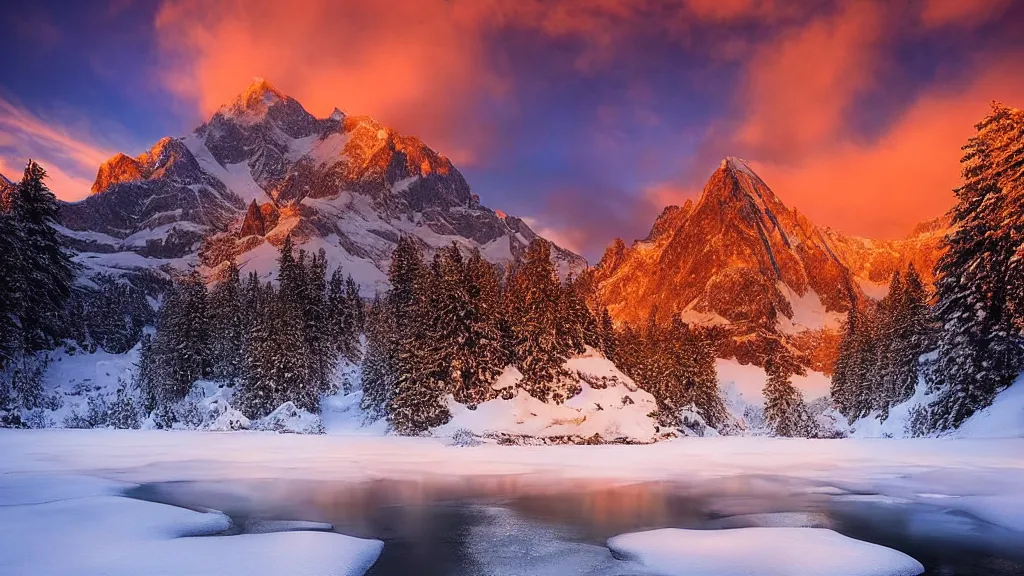 Image similar to amazing snowy landscape photo of mountains with lake in sunset by marc adamus, beautiful dramatic lighting